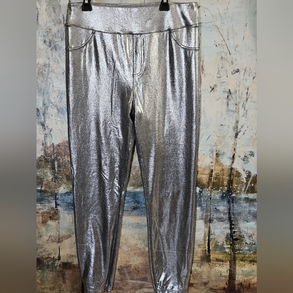 Shiny Metallic Silver/Chrome High-Waist 7/8L Leggings W's Sz L